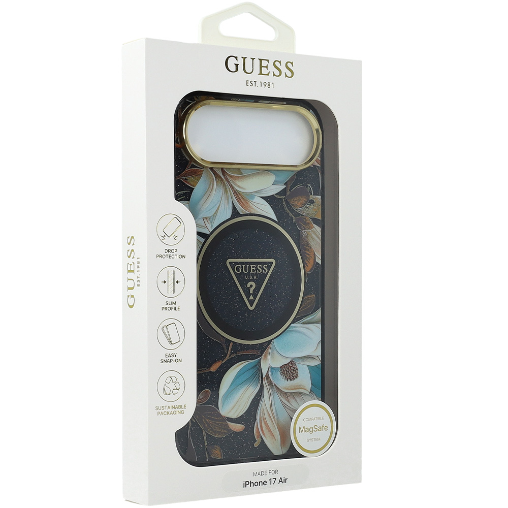 Etui Guess IML Metal Glitter Flowers Triangle do MagSafe do iPhone Air, czarne z kwiecistym wzorem